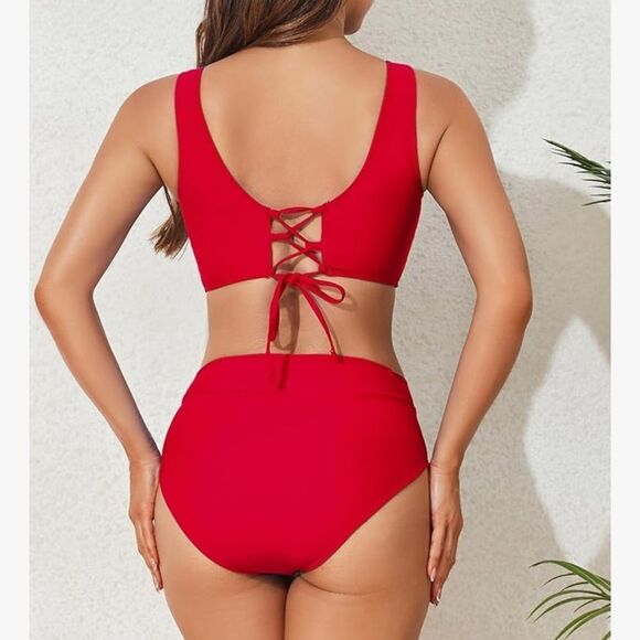 Limeeke Women's High Waisted Bikini Set Twist Front Lace Up Tie Back NWOT - Picture 2 of 6